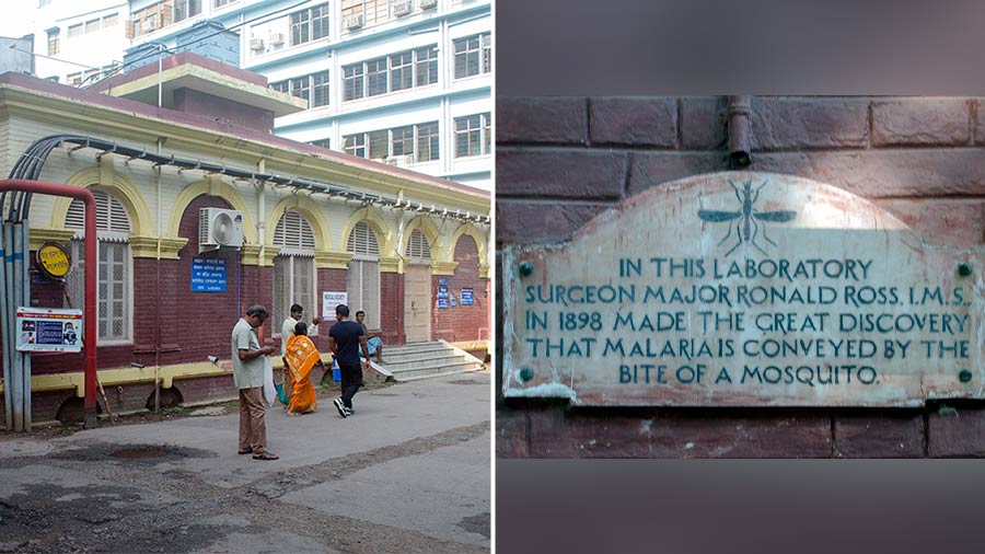 Sir Ronald Ross Laboratory, PG Hospital (now SSKM Hospital) and (right) the plaque at its entrance  