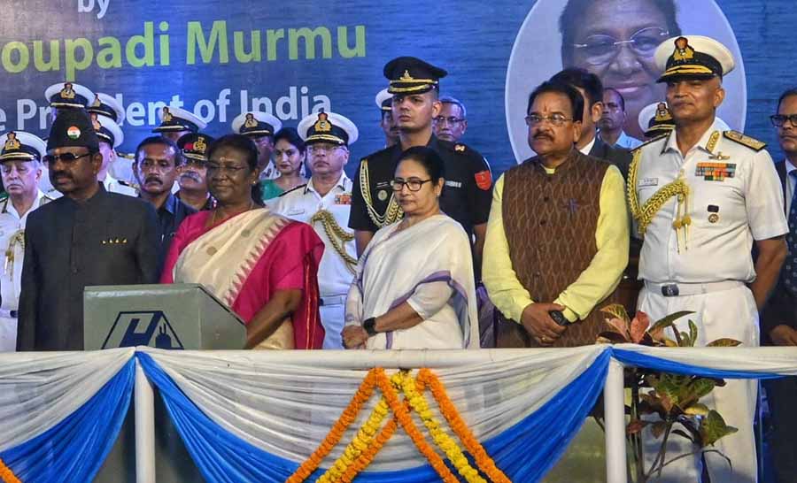President Droupadi Murmu launched INS Vindhyagiri, an advanced stealth frigate for the Indian Navy built by the Garden Reach Shipbuilders and Engineers, in the presence of chief minister Mamata Banerjee and governor C.V. Ananda Bose in Kolkata on Thursday   