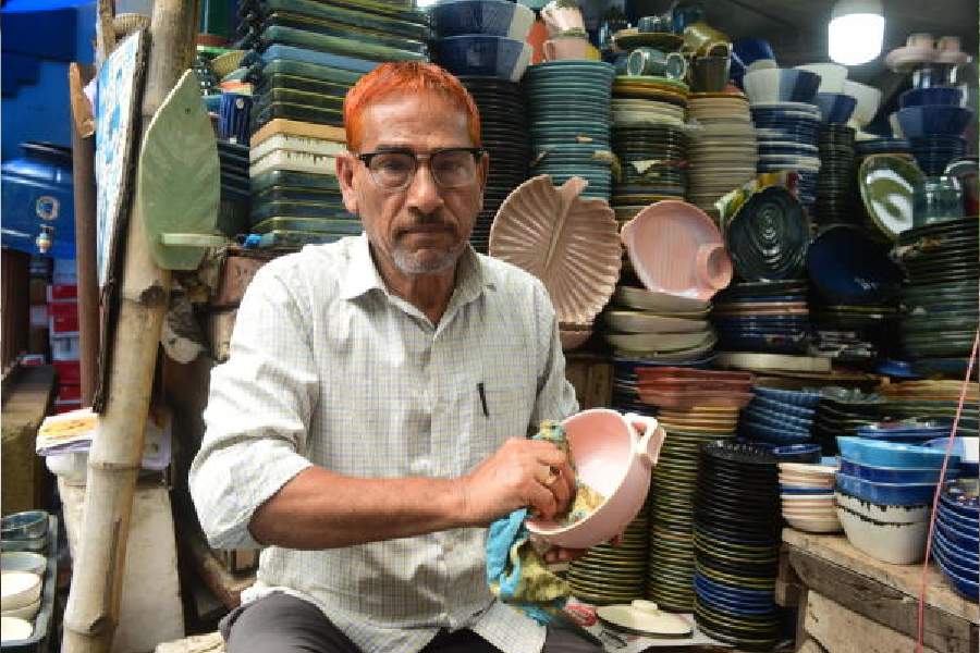 Nashir Khan at the stall in Gariahat that sells ceramic items