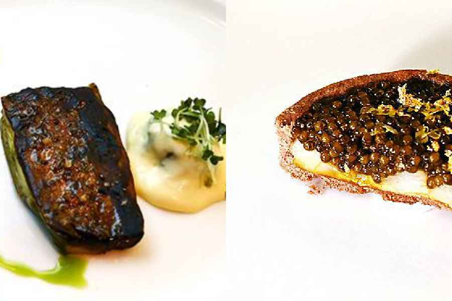 (l-r) Eggplant with Confit and Glaze with Miso Lemon Sabayon, Caviar Tart