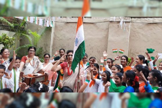 The celebrations at La Maternelle School started with the flag hoisting ceremony by the Principal, followed by the song “ Jhanda Uncha Rahe Hamara....”. The principal then gave an inspiring speech and urged the children to work hard for the progress of the Nation as they are the future citizens of the country.