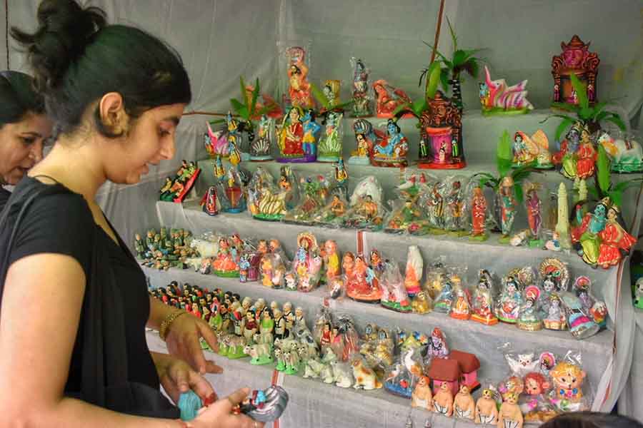 Clay dolls on sale at Kumartuli on Tuesday ahead of Jhulan Yatra which will be celebrated this year on August 30 