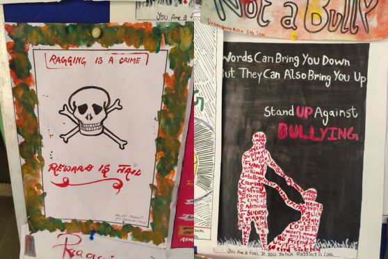 The board showcasing posters made by students on the theme. 