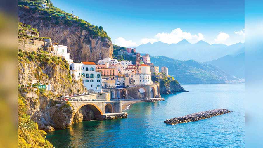 Morning view of the Amalfi cityscape on coastline of the Mediterranean Sea, Italy