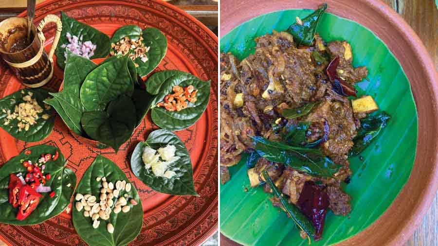 Betel Leaf Appetiser with a tamarind and nolen gur chutney, and (right) Kerala Mutton Pepper Fry