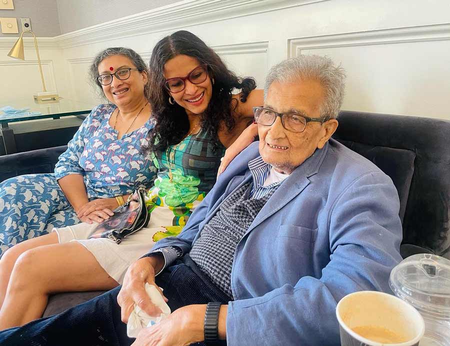 Writer, child-rights activist and actor Nandana Dev Sen uploaded this photograph on Tuesday with the caption: ‘Such a special treat to have a relaxed family adda over morning coffee! ♥️  #AmartyaSen #AntaraDevSen #CoffeeTime #fatherdaughter #familytime #sisters #TuesdayMotivaton #familyfun #tuesdaymotivations #SummerHolidays’