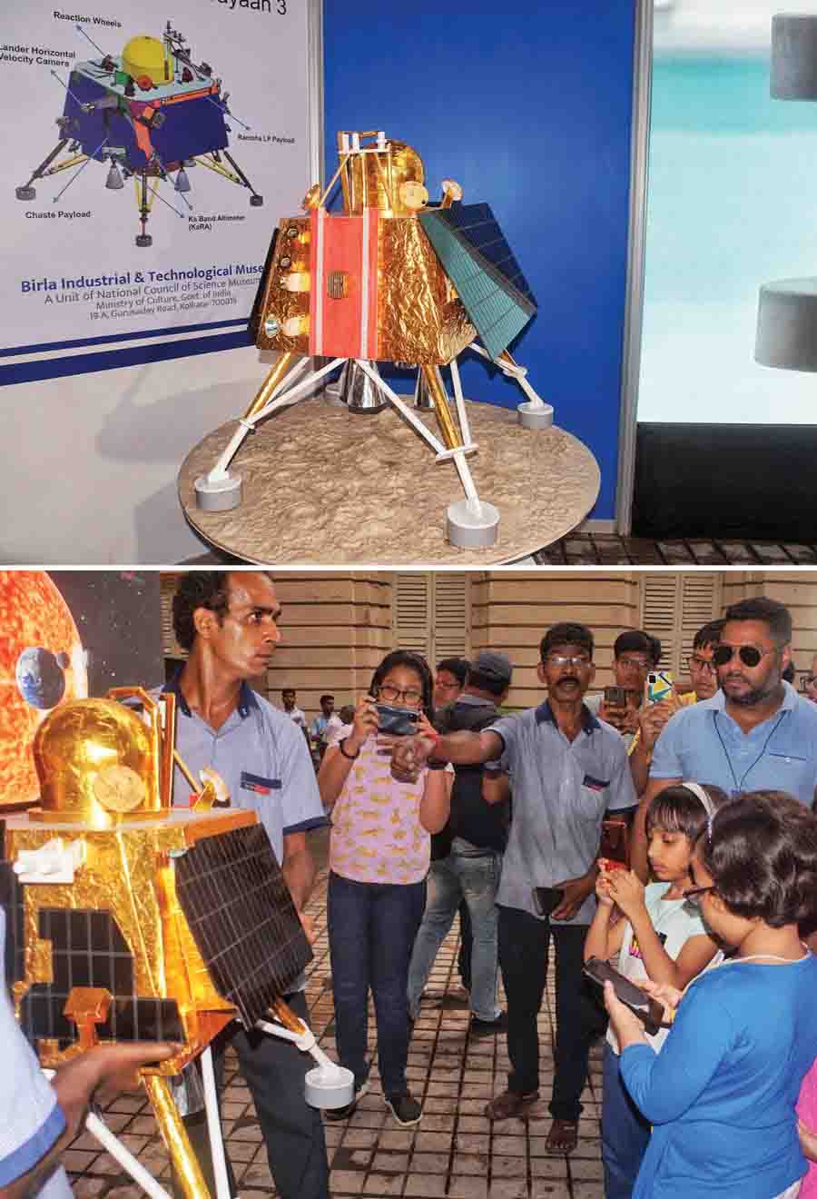 (Top) A dummy of the Vikram Lander on display at the Birla Industrial and Technological Museum in Kolkata on Wednesday and (above) a lot of people gathered to watch the historical landing on the moon 