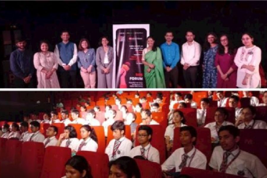Some of the speakers at the programme and (below) students of Indus Valley World School who attended the screening of the short film and panel discussion at PVR INOX in Mani Square on Wednesday