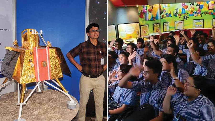 my model of Vikram Lander made by the scientists at BITM was on display and (right) students of Purushottam Bhagchandka Academic School cheer the ISRO feat