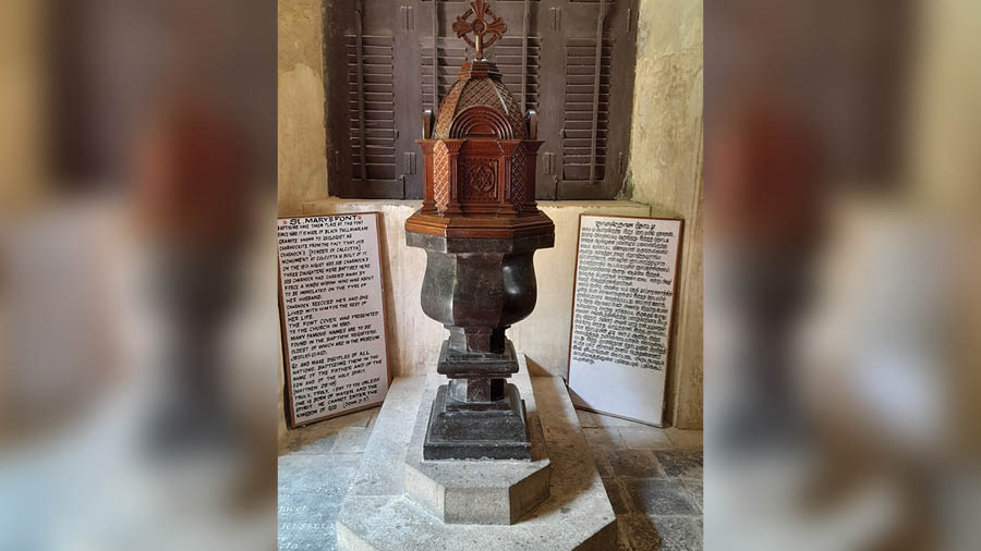 The baptismal font of St. Mary’s Church — made of Charnockite 