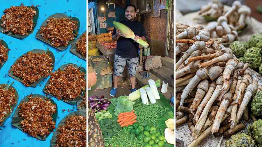 The Gormei pop-up at Glenburn Penthouse will incorporate regional Odisha ingredients like (left) red ants and (right) paddy straw mushrooms. (Centre) Chef Rachit Kirteeman explores Lake Gardens Market