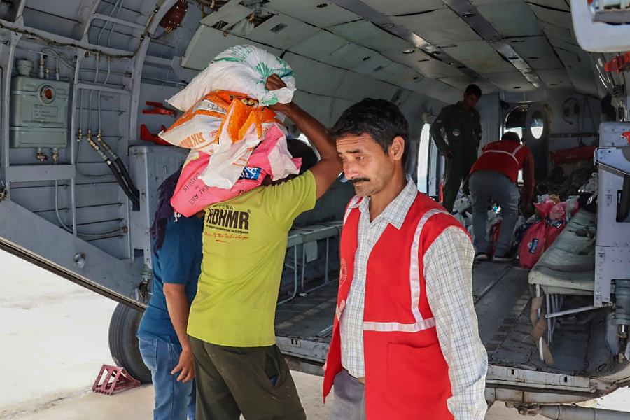 Food and medicines being supplied to a flood affected area in Mandi