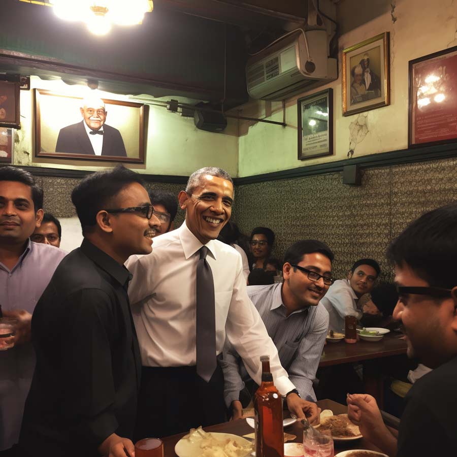 Barack Obama mingles with locals at a pub in Chandni Chowk, pleasantly surprised to find many Kolkatans agree that the US has been doomed since 2016