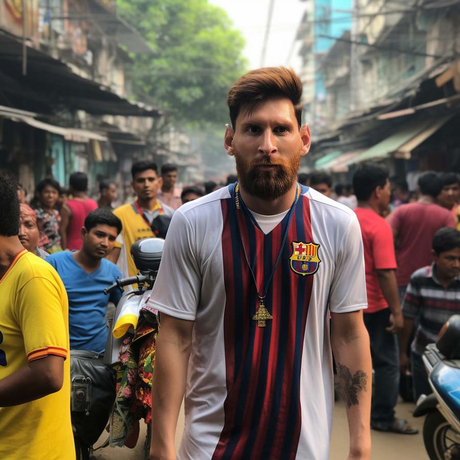 Used to operating in the tightest of spaces, Lionel Messi wriggles his way through a crowd of admirers in Sovabazar, all the while scanning a good place for the closest thing to a maté