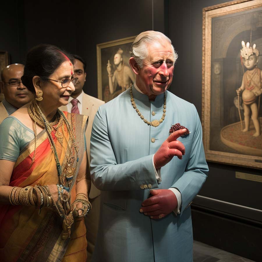 King Charles looks amazed and puzzled in equal parts while examining the exhibitions at the Indian Museum and secretly wondering why they were never taken to London