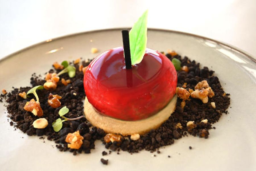 Apple of Eden: The most Instagram-worthy dish on the menu is this deconstructed apple pie that’s in the style of an entremet and resembles a fresh apple on a bed of chocolate soil. We loved the visual drama of this one.
