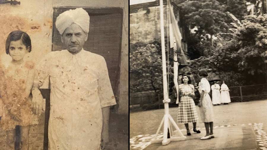 Uma with her grandfather, Lala Shiv Lal Sondhi (circa 1936), and (right) The Indian flag being hoisted for the first time on the Loreto House premises 