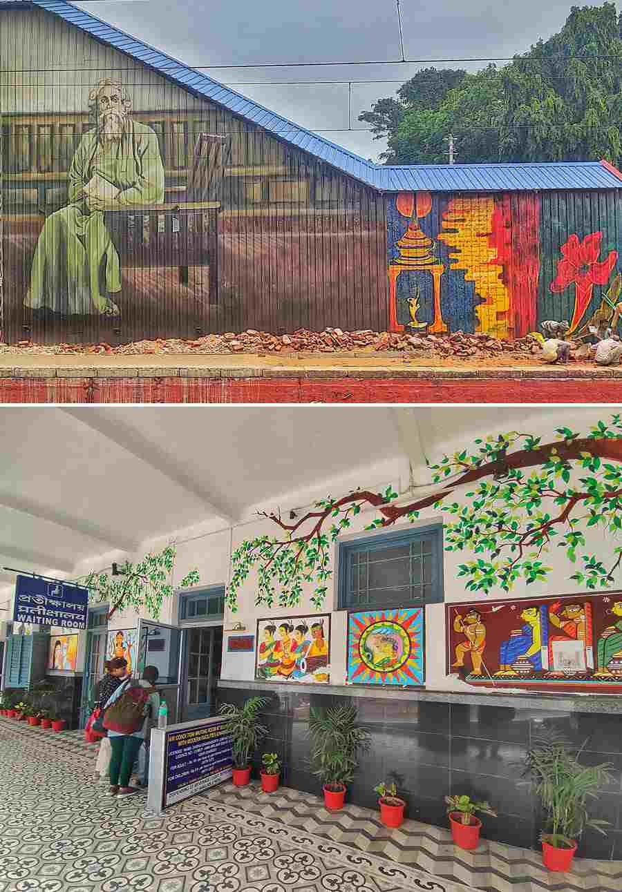 Bolpur Railway Station is undergoing beautification. The walls of the station have been painted with graphic art  