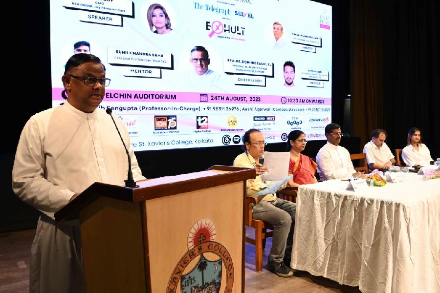 Father Dominic Savio delivers the welcome address during the inaugural session of Exhult: Explore the Extraordinary at the St Xavier’s College auditorium on Thursday morning.