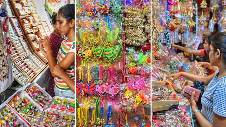 Young women pick the best of rakhis for their siblings at Satyanarayan Park, Shyambazar and Hatibagan