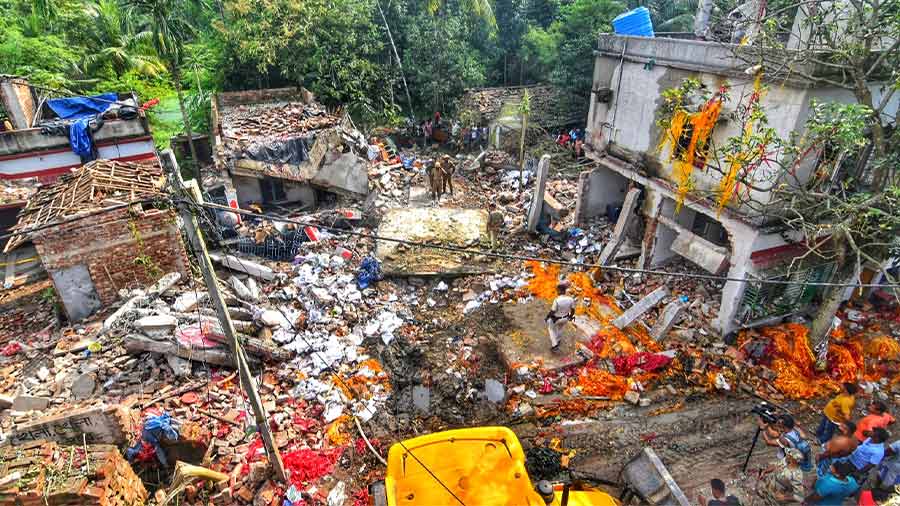 The blast site at Duttapukur’s Mojpole-Paschimpara in North 24-Parganas district on Monday