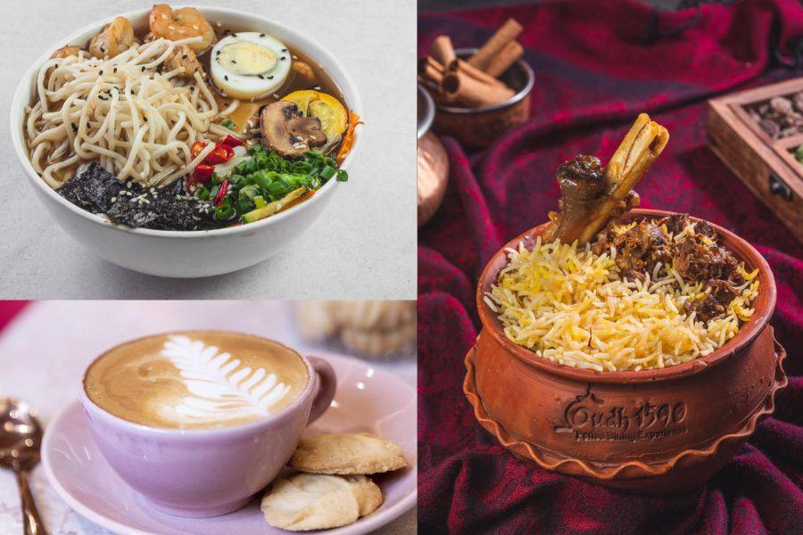 (Clockwise from left) Seafood Ramen from Chowman, Special Raan Biryani from Oudh 1590 and Cappuccino from Pinkk Sugars