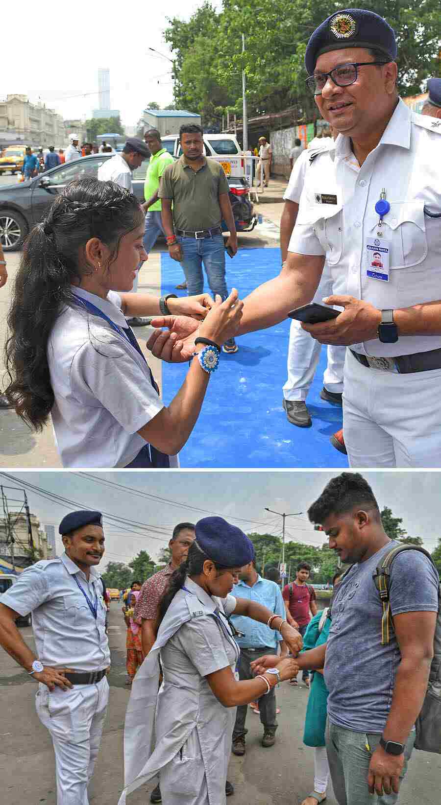 Kolkata Police and Kolkata Traffic Police also celebrated Rakhi Purnima on the city streets. Pedestrians tied rakhis on the police personnel. Women members of the force also tied rakhis on passers-by   