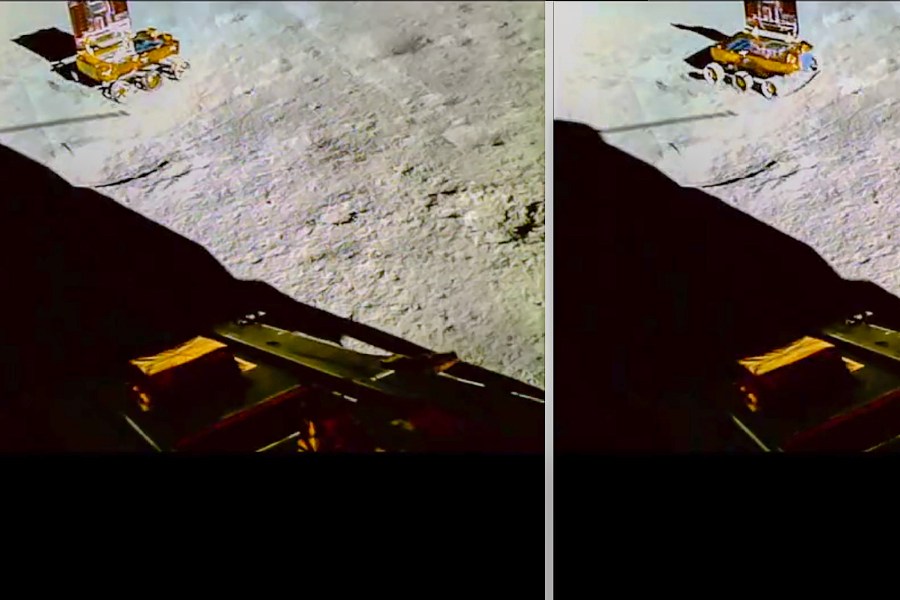 Pragyan Rover’s rotation for a safe route on the surface of the Moon being captured by a Lander Image Camera aboard Vikram Lander as part of ISRO’s Chandrayaan-3 lunar mission