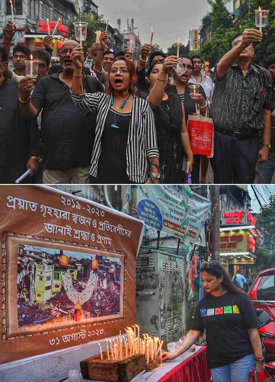 People who were affected in 2019 following the Metro rail tunneling disaster in the Bowbazar area, organised a rally called Kala Divas to protest their plight. They also demanded their homes at the earliest. These hapless people have been shifted to hotels and flats in the vicinity since then