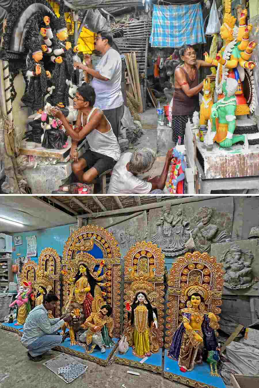 Artists Prasanta Paul and Pashupati Rudra Paul are busy giving finishing touches to Durga idols that are scheduled to be ferried to Abu Dhabi and Mascot   
