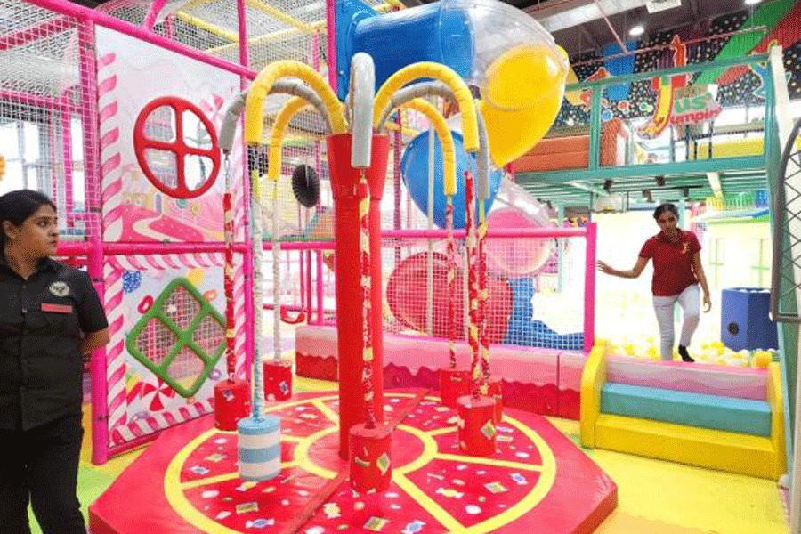 TODDLER ZONE: While adults and older kids jump in the main area, lots of playthings have been designed for toddlers too. There’s a carousel, zipline, musical steps, Lego wall, gentle wall climb and a take on the sand-pit that uses play beads instead. “Sand is tough to clean off the kids later and they also spread all over the house when they go back. This is neater,” says Shikha. “Being a mother of two kids under 10, I know how difficult it is for moms to manage some me-time. Our toddler section has women caretakers who will watch the kids while the parents jump it out on the trampolines and relieve pent-up stress,” Shikha says. In fact, even in the main area there are male and female bouncers to ensure adults don’t end up toppling on the younger ones. There’s also a food section, mini library and play kiosks like police stations, kitchens and hospitals. And there are three birthday party zones. A DJ belts out peppy numbers too.