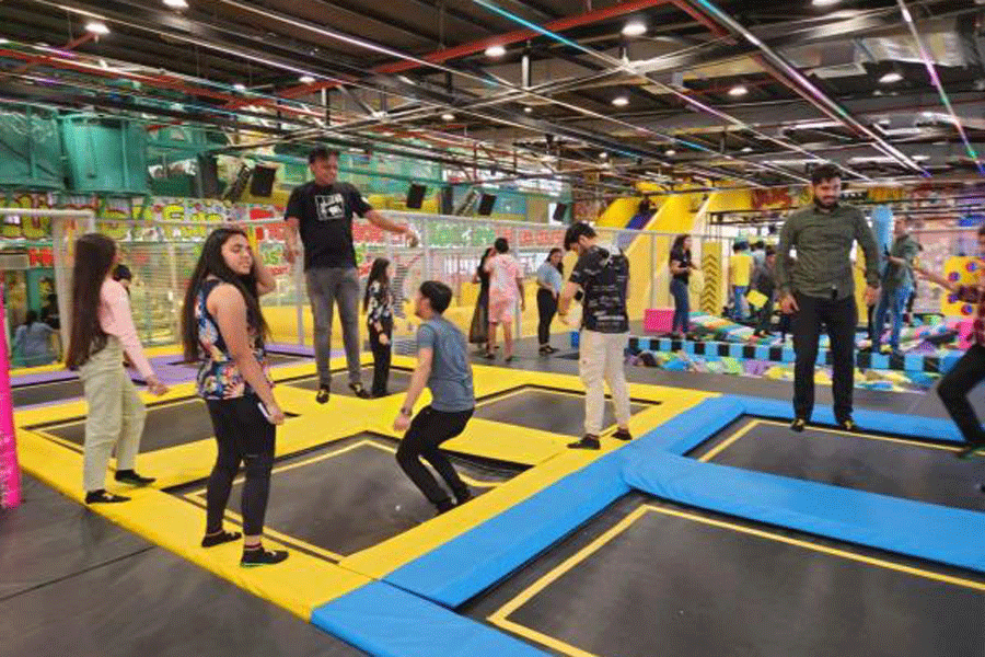 Main trampoline area: This is the heart of the park — a large space full of interconnected trampolines where you can jump about. A trampoline is a device consisting of a strong fabric stretched across a frame using coiled springs. It is used for gymnastics, acrobatics, and recreational bouncing.            One has to buy Rs 60 trampoline socks before entering. These socks give you good grip. You can wear them at home too and bring them along the next time you come to jump.            “At first I thought this stuff was for kids but when I tried it out I felt the child in me come alive. I love it,” said Rituraj Bar, a young adult from Salt Lake’s Sector IV. His friend — Raghav Khanna of BF Block — said he knew of such parks only in Delhi.