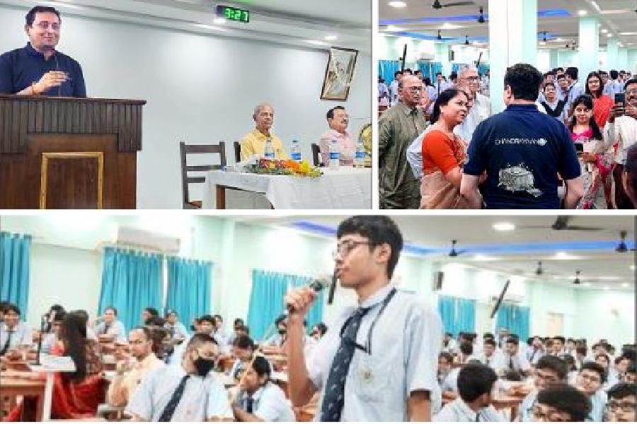 Soumajit Chatterjee addresses students at Sri Aurobindo Institute of Education. (Above right) Interacting with teachers. (Right) A student poses a question