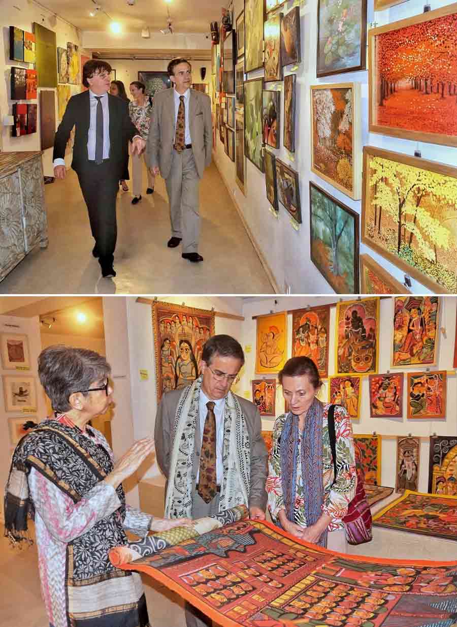 French ambassador Thierry Mathou and his wife Cecile Mathou dropped in at the Art Mela at CIMA Gallery on Friday evening. They browsed through the paintings and art pieces on display and were appreciative of Art Mela's objective of showcasing and art at affordable prices. Pratiti Basu Sarkar, chief administrator at CIMA, took them around the exhibition. The couple took home a watercolour painting by Sankar Das