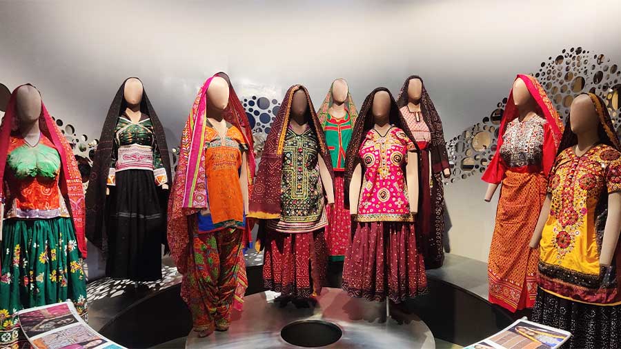 A display at the sprawling nine-acre Living and Learning Design Centre, a museum celebrating the rich and diverse traditional embroideries of the Kutch