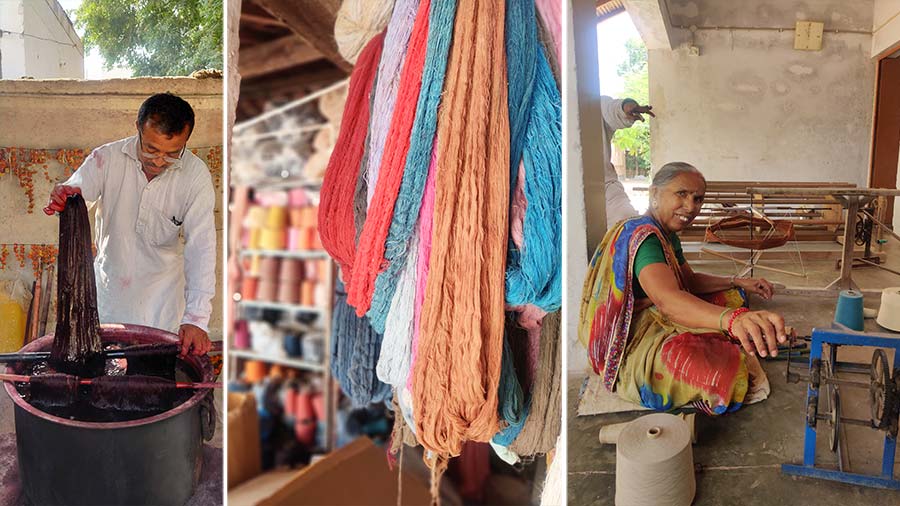 (L-R) Vankar Shyam ji explains the dyeing process; spindles and yarns; a woman at the loom