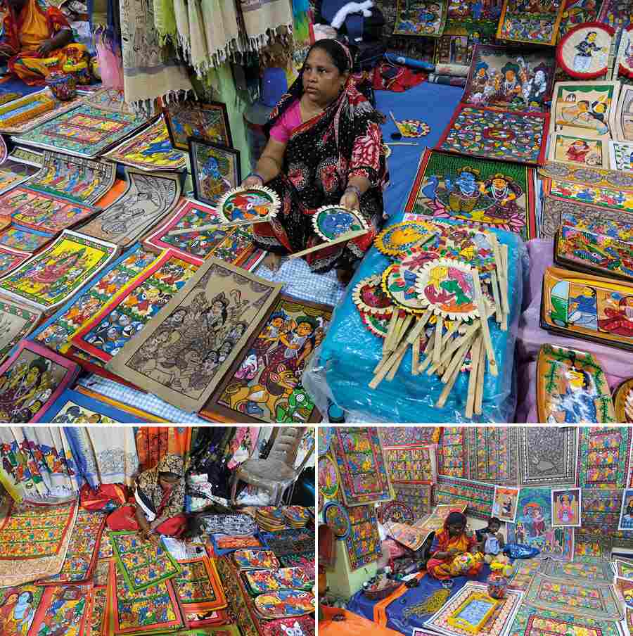 Patachitra is another popular pick at the mela.Jhuma Chitrakar from Pingla, Paschim Medinipur, says her whole family is involved in this art. They don’t have any shops, they go to different melas all through the year to sell. The locality they stay in is full of ‘patachitrakars’. The ‘patachitras’ starts from Rs 500