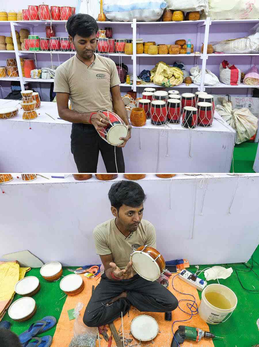 Bishnurobi Das from Malda makes and sells percussion instruments such as dhol, dabli, damroo made out of wood and leather. The professional dhak player also plays the instruments. All handcrafted, the damroo costs Rs 250, the dhol and dabli start from Rs 400
