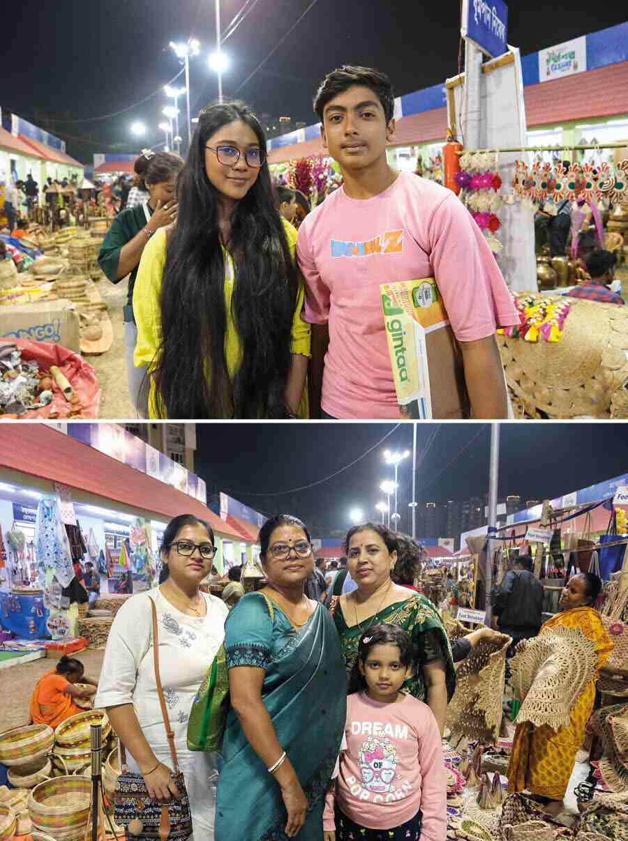 (Top) Manisha Dey from Palta and Arnab Rana from Dakhineswar have been visiting the mela for the past four to five years. They come here for the love of art. ‘You get to see so many different art forms in one mela. It’s so colourful and vibrant,’ said Manisha. (Above) Sampa Samanta from Howrah came to the mela with her family. ‘I come here every year. Not only do you get good stuff at an affordable price range but also get to see handicraft from different parts of Bengal. It’s really worth visiting every year’