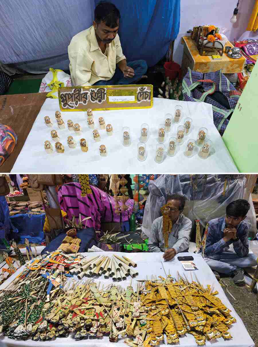(Top) Art teacher Netai Chakraborty from Nadia has put up a stall that sells owls made from betel nuts. Prices start from Rs 150. (Above) A few steps ahead is a stall that sells puppets made out of palm leaves. Madan Mohan Dutta, the puppet-maker from Guskara, Burdwan, has been doing this since his childhood. He has six models of puppets. While the small ones are priced at Rs 30 to Rs 100, bigger ones are priced at Rs 500-600