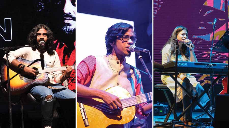 Singer-songwriters Ishaan Ganguly, Kabir Chattopadhyay and Asmita Patra in performance