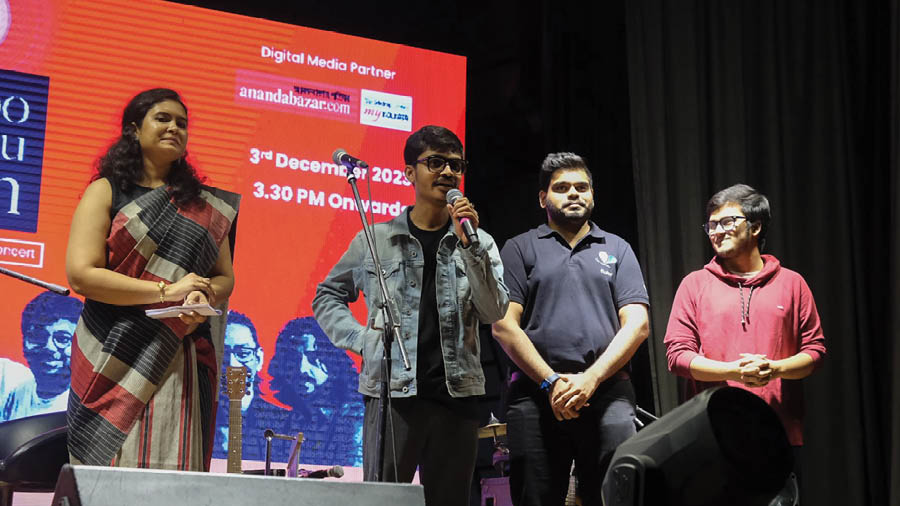 Ankit Santra, Anirban Banerjee and Rwitobroto Mukherjee during the launch of ‘Bhalobashar Apon Bhasha’