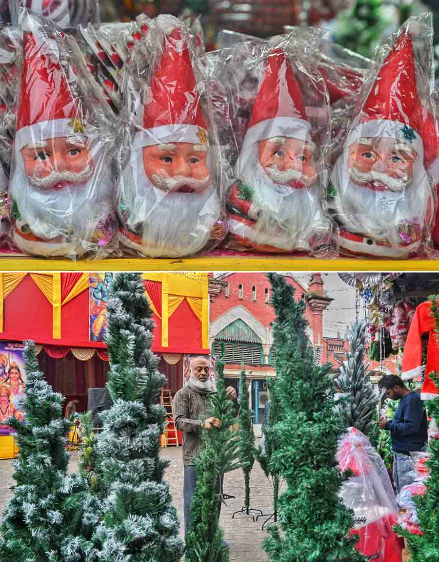 Traders set up kiosks selling Christmas decoration items at New Market