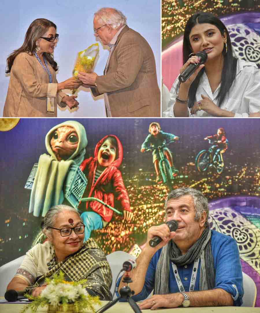 (Clockwise from top left) Saturday was a busy day at the 29th Kolkata International Film Festival as actress-director Aparna Sen feted Laurence Kardish during the Satyajit Ray Memorial Lecture ‘A Ray on Lens’ at Sisir Manch; actress Parno Mittra interacted with the media for the film ‘Suzie Q’ (competition on Indian language films) and Annanya Chakraborty spoke with Mano Khalil, a Kurdish-Syrian film director