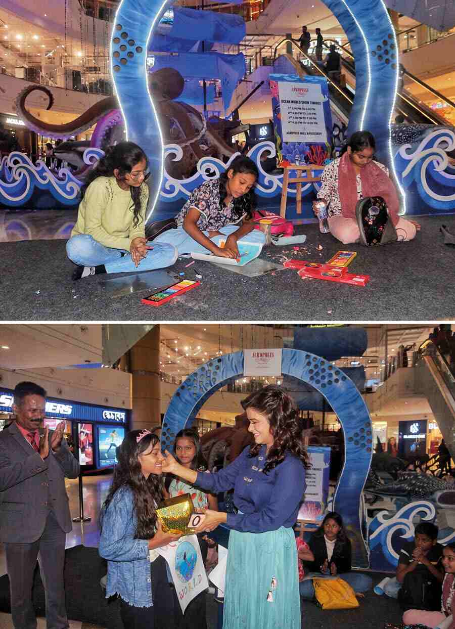 Twenty-five less privileged children from Dhapa took part in an art competition with the theme ‘Ocean World’ at Acropolis Mall on Saturday. Sanjana Das clinched the first prize, Pratigya Kumari Ram the second and Rita Halder the third. The winners received their prizes from actress Shonalee Choudhuri and K. Vijayan the director of facilities, Acropolis