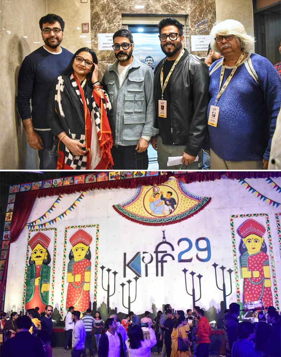 Actors Abir Chatterjee, June Malia and Prosenjit with directors Raj Chakrabarty and Haranath Chakraborty at the 29th Kolkata international Film Festival on Sunday  