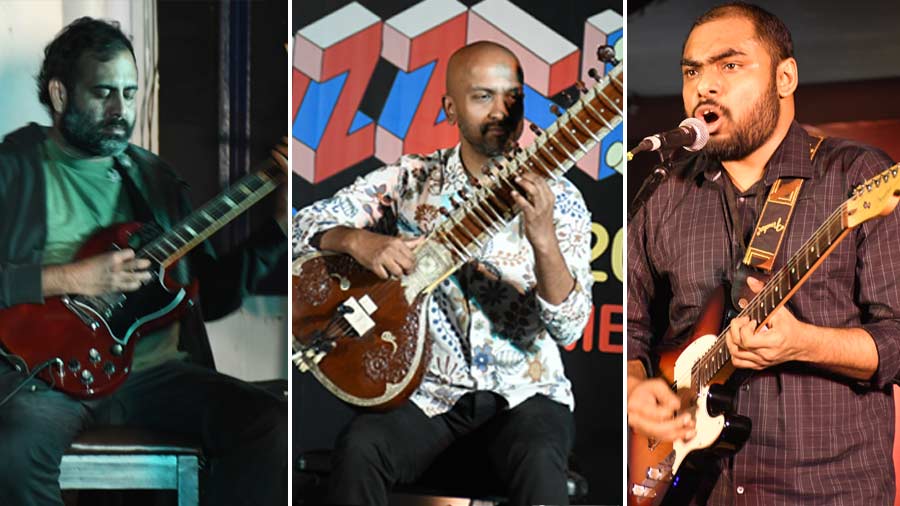 ALL-STAR LINE-UP: Elvis Lobo, Hindol Deb, Arinjoy Sarkar in performance at Dalhousie Institute on the final day of JazzFest 2023 on Sunday in Kolkata.