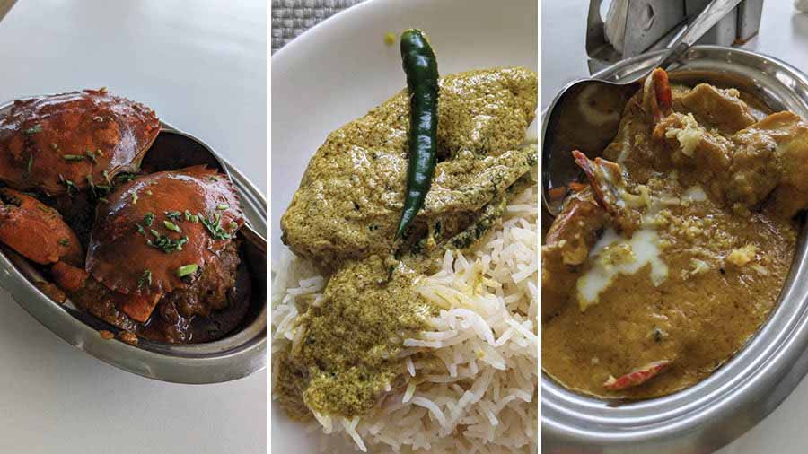 Crab Kosha, Sorshe Ilish and Chingri Malai Curry