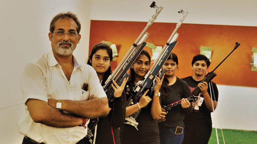 Joydeep Bandyopadhyay and some of his students at the Bengal Shooting Sports Academy in Serampore