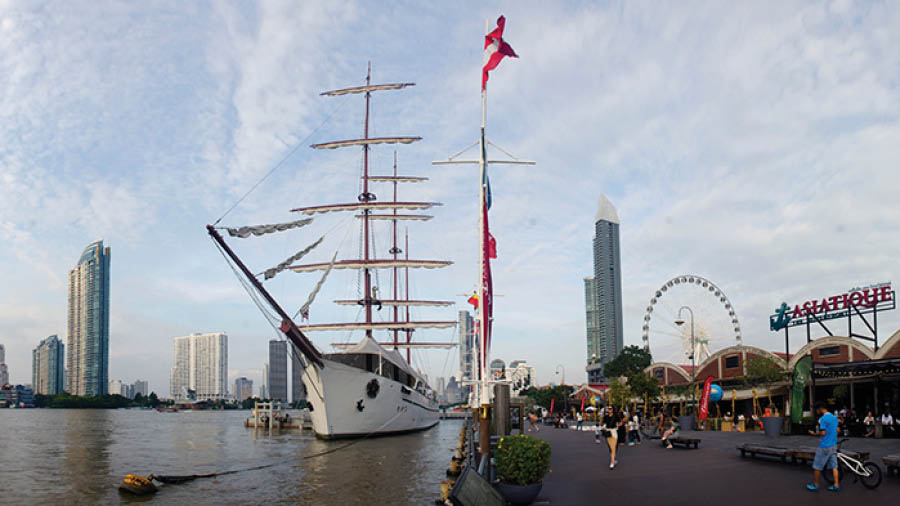 Asiatique The Riverfront with the Chao Phraya river and Sirimahanno ship